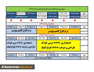 جدول زمان بندی انتخاب واحد نیم سال اول سال تحصیلی (1405-1404 ) همراه با چارت درسی