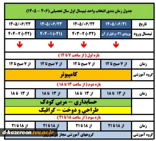 جدول زمانبندی انتخاب واحد نیمسال اول سال تحصیلی 1406-1405